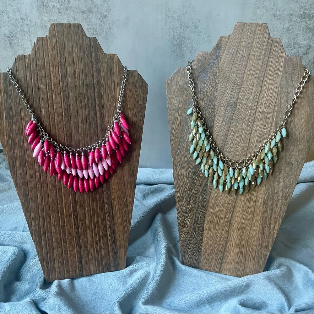 Modern Petal Statement Necklace Duo | Pink & Mint Green Fringe Bib Necklaces